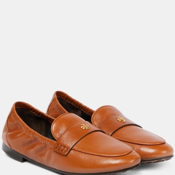 Tory Burch Ballet Bourbon Brown Leather Gold Logo Embellished Loafers - Picture 6 of 16